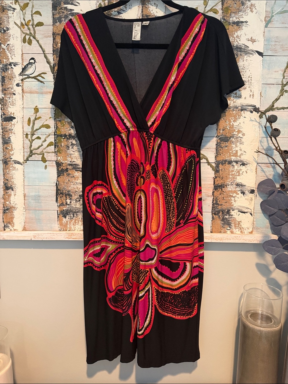 Emma & Michele Black Midi Dress with Pink and Orange Floral Pattern